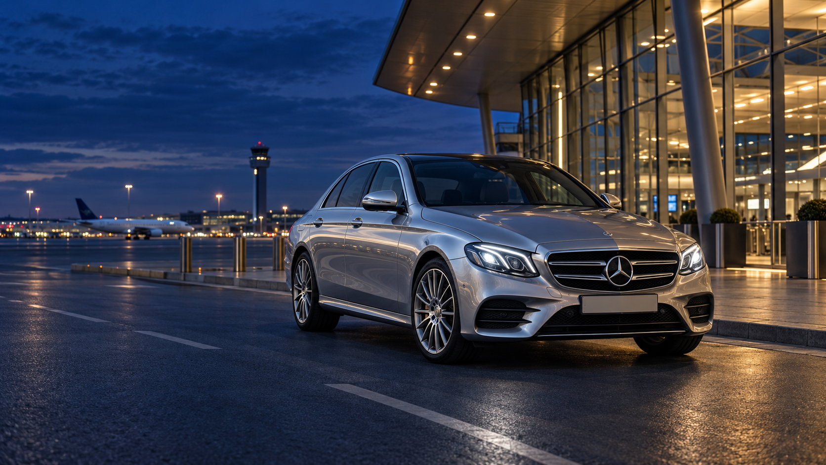 Silberne Mercedes E-Klasse am Flughafen